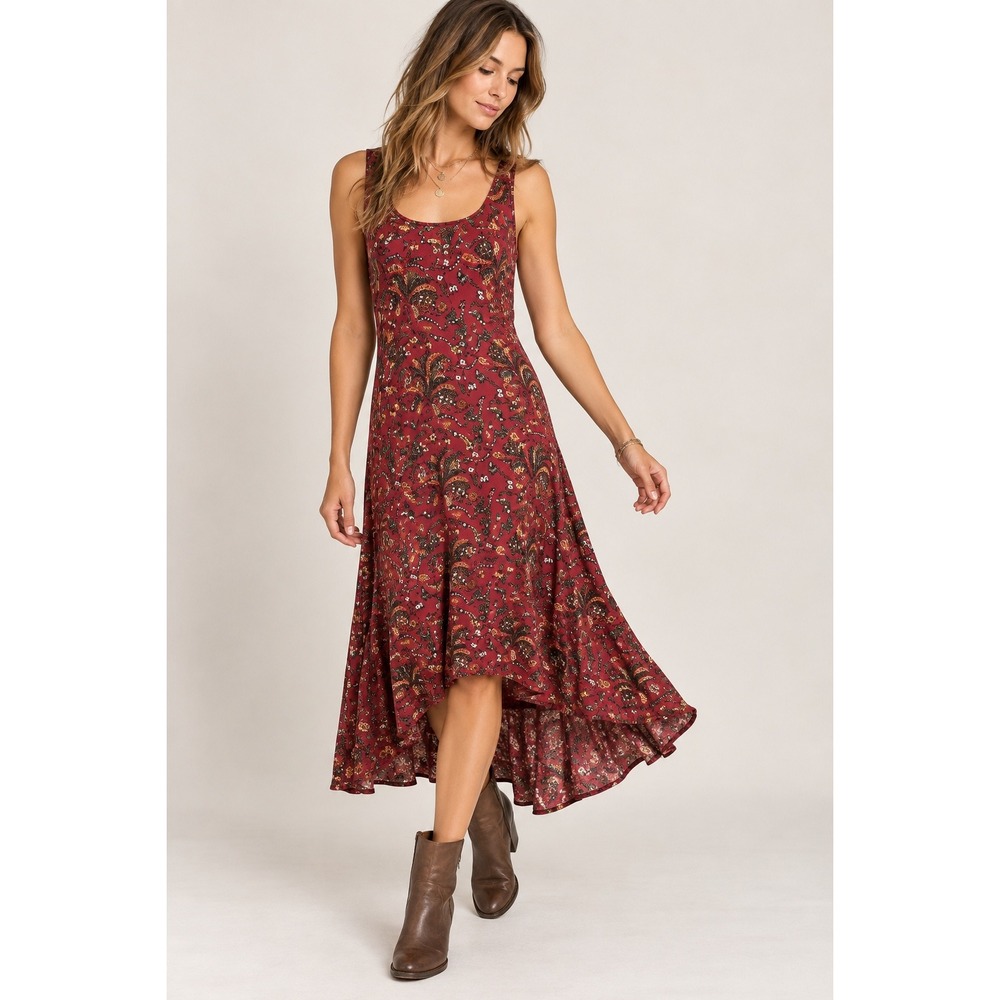 FatFace Burgundy Paisley High Low Midi Dress Boho Cottagecore UK 8 US 4